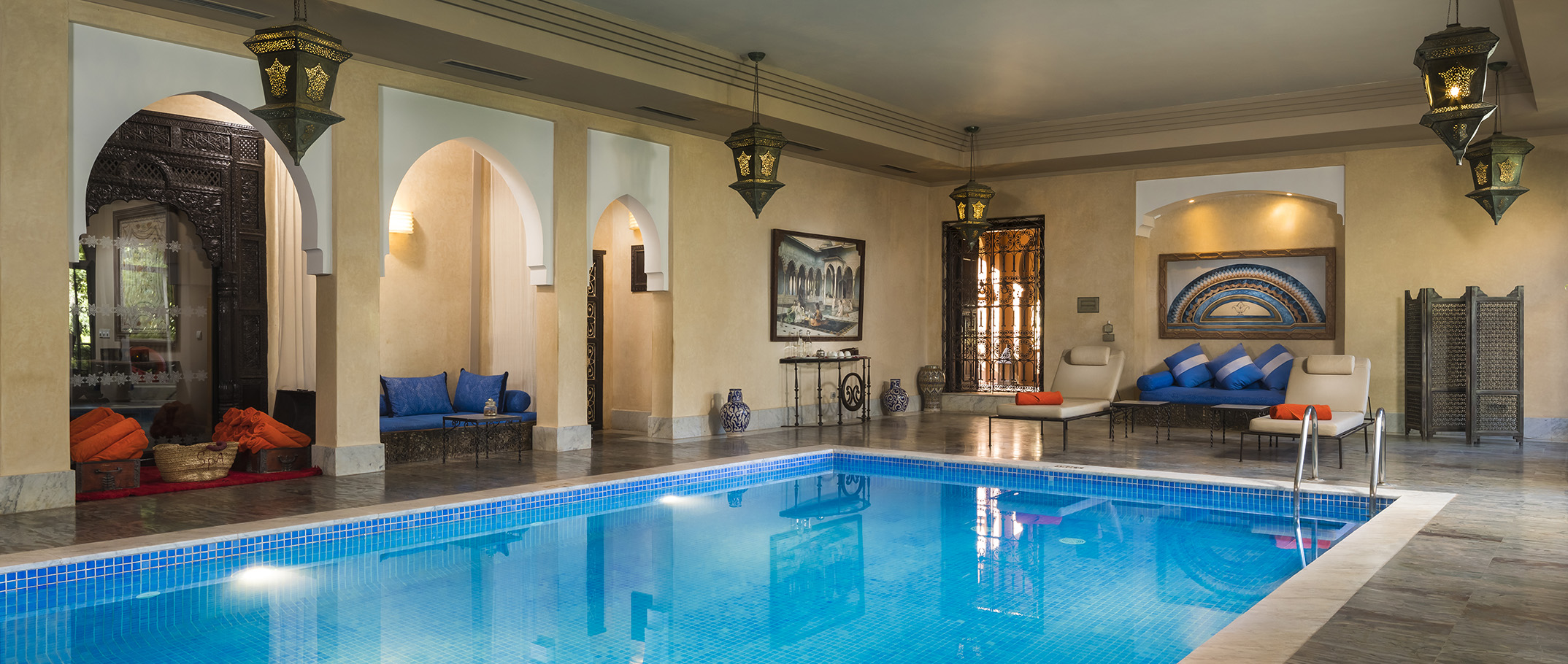 Piscine intérieure, Kasbah Tamadot, Maroc © Virgin Edition limited